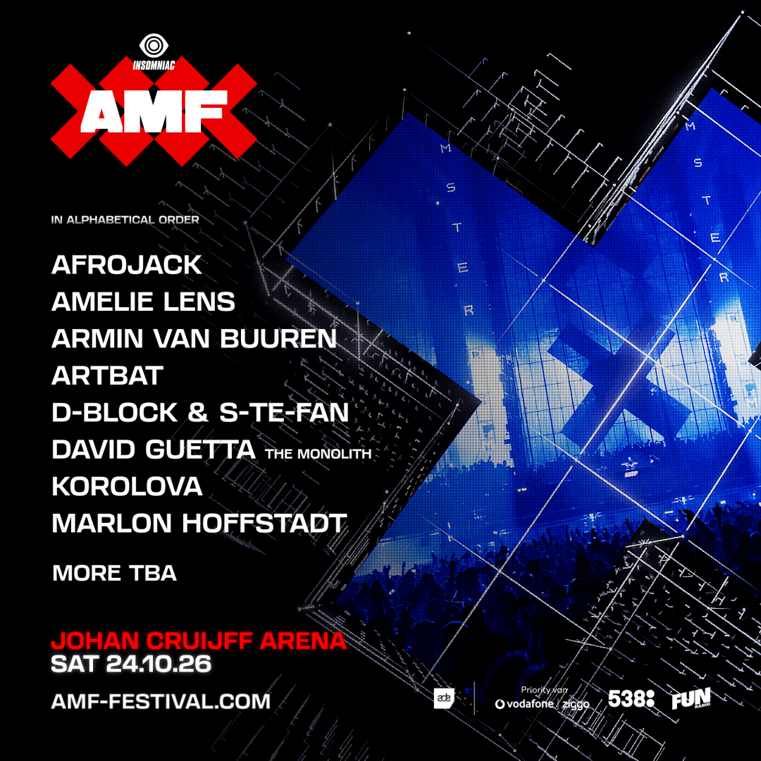 Official AMF 2026 lineup poster listing David Guetta, Amelie Lens, Armin van Buuren and other performers