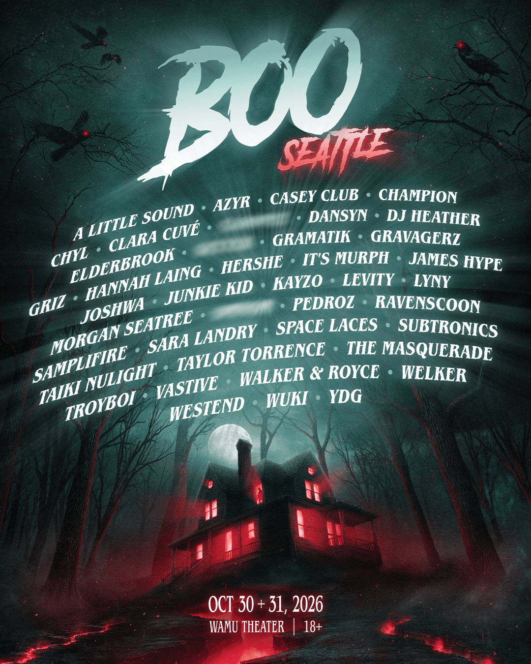 Official BOO Seattle 2026 poster listing artists for the October 30 and 31 festival