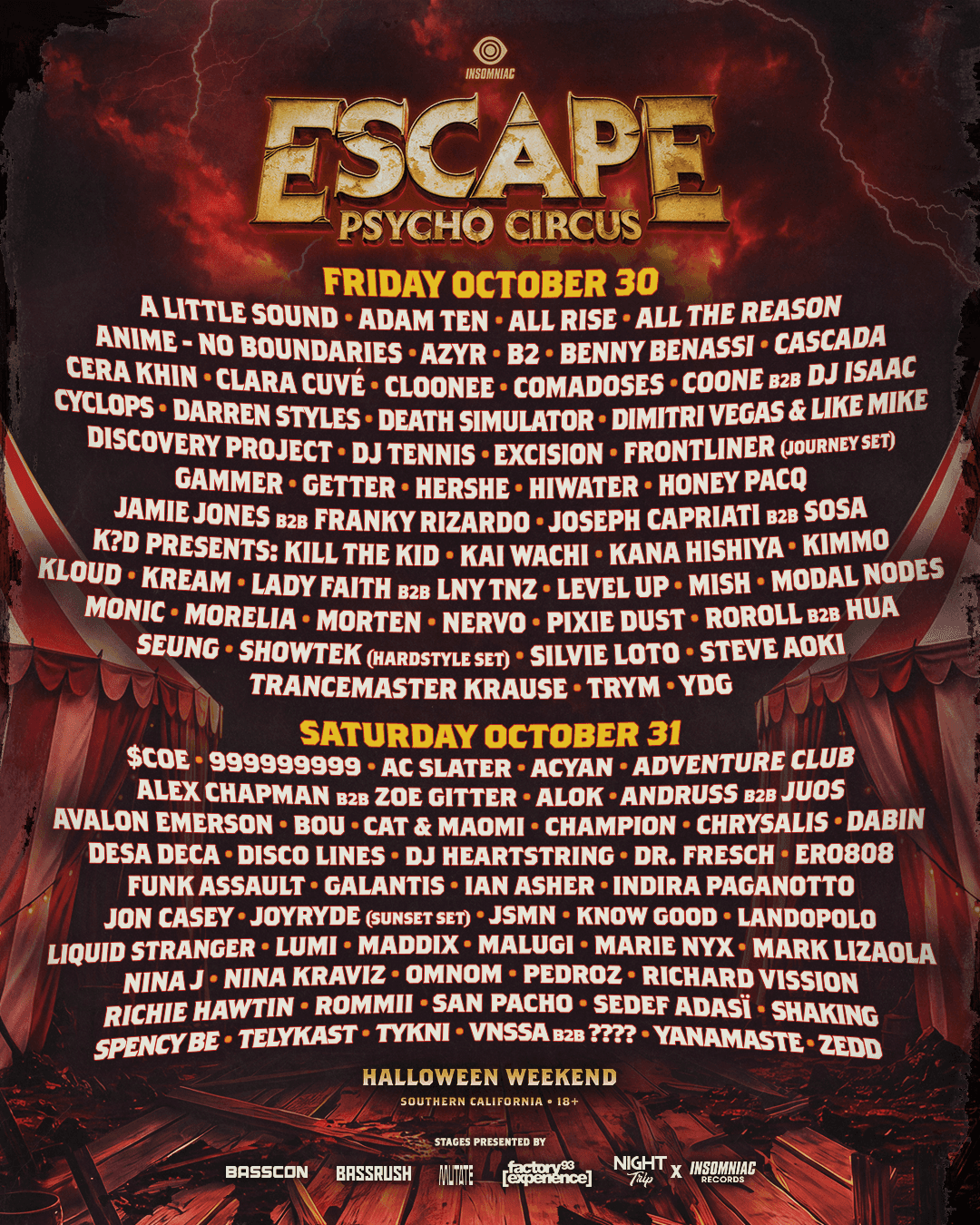 Official Escape Psycho Circus 2026 daily lineup poster for October 30 and 31