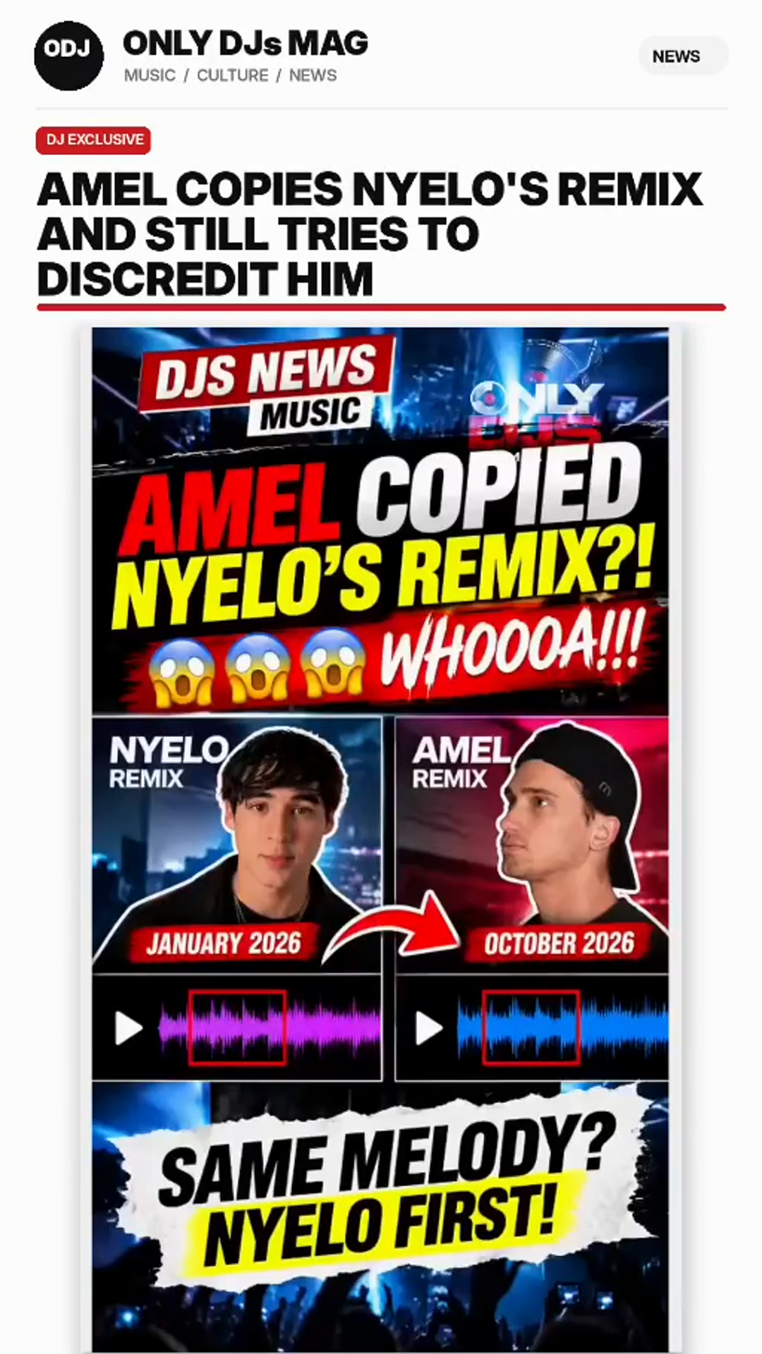 Cover from the submitted video comparing NYELO and Amél remixes; its copying allegation has not been independently verified